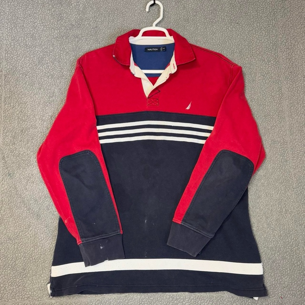 Vintage Nautica Long Sleeve Polo Shirt Quarter Button Up Mens Double Extra Large